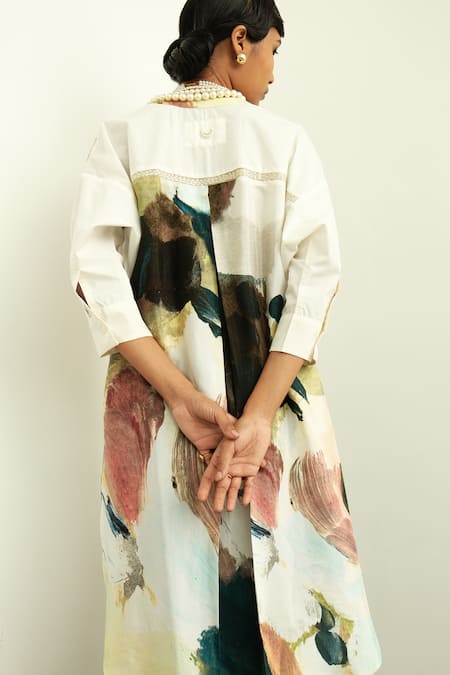 Shop_OFRIDA_Ivory Cotton Satin, Cotton, Moonbloom Printed Shirt Kurta With Tapering Pant _Online_at_Aza_Fashions