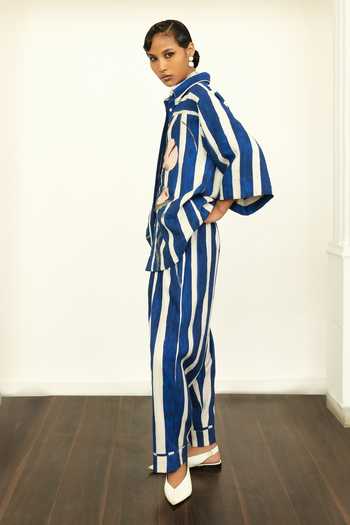 OFRIDA Blue Linen Beads, Embroidery, Applique Shawl Printed Stripes Shirt With Pant Online at Aza Fashions OFRIDA_Blue Linen Beads, Embroidery, Applique Shawl Printed Stripes Shirt With Pant _Online_at_Aza_Fashions