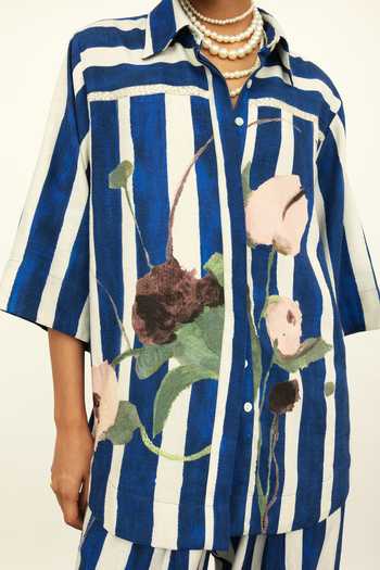 Buy OFRIDA Blue Linen Beads, Embroidery, Applique Shawl Printed Stripes Shirt With Pant Online at Aza Fashions Buy_OFRIDA_Blue Linen Beads, Embroidery, Applique Shawl Printed Stripes Shirt With Pant _Online_at_Aza_Fashions
