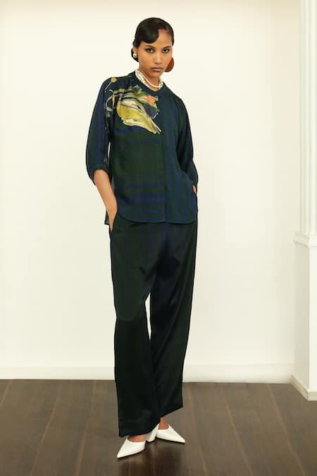 Shop OFRIDA Blue Cotton, Silk Beads, Embroidery Mandarin Collar Ng Rj Shirt With Pant at Aza Fashions Shop_OFRIDA_Blue Cotton, Silk Beads, Embroidery Mandarin Collar Ng Rj Shirt With Pant _at_Aza_Fashions