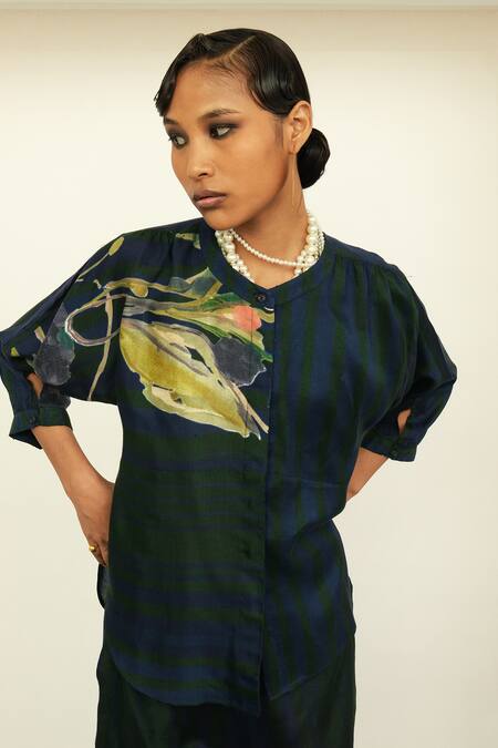 OFRIDA Blue Cotton, Silk Beads, Embroidery Mandarin Collar Ng Rj Shirt With Pant Online at Aza Fashions OFRIDA_Blue Cotton, Silk Beads, Embroidery Mandarin Collar Ng Rj Shirt With Pant _Online_at_Aza_Fashions