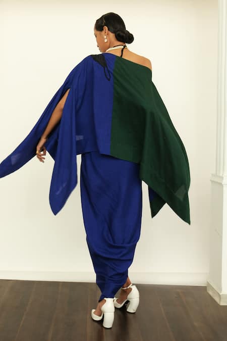 Shop_OFRIDA_Blue Silk Embroidery, Applique Asymmetric Floral Draped Top With Skirt _at_Aza_Fashions