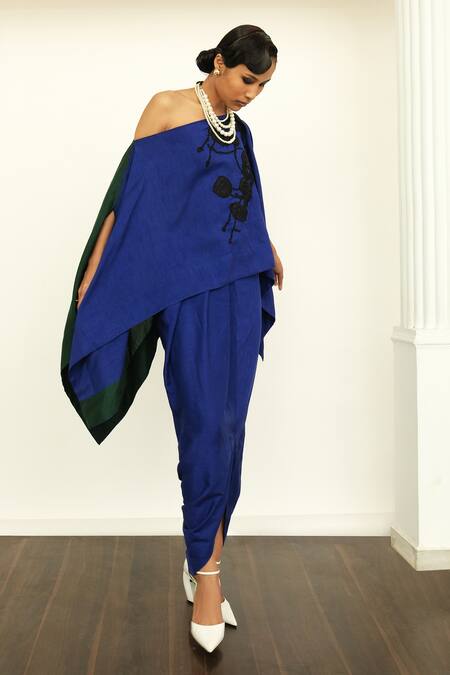 OFRIDA_Blue Silk Embroidery, Applique Asymmetric Floral Draped Top With Skirt _Online_at_Aza_Fashions