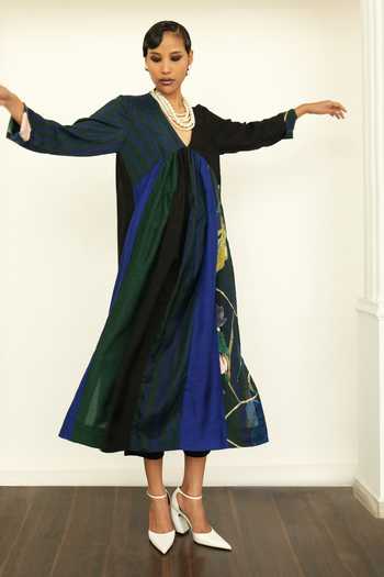 OFRIDA_Blue Cotton Satin, Silk Beads, Gypset Panelled Color Block Kurta With Pant _Online_at_Aza_Fashions