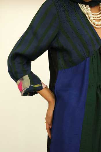 Buy_OFRIDA_Blue Cotton Satin, Silk Beads, Gypset Panelled Color Block Kurta With Pant _Online_at_Aza_Fashions