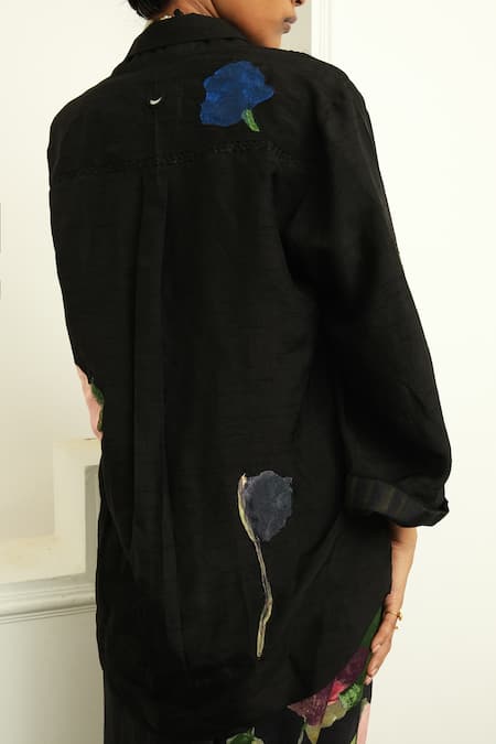 Shop_Ofrida_Multi Color Jacket Raw Silk Hand Applique Botanical Lapel Psyflora With Pant _at_Aza_Fashions
