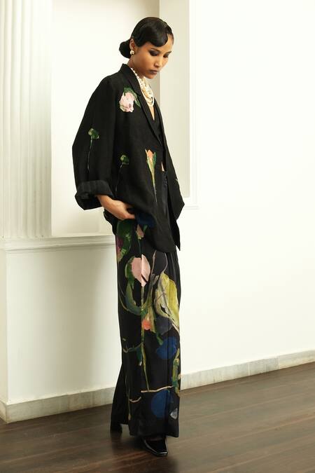 Ofrida_Multi Color Jacket Raw Silk Hand Applique Botanical Lapel Psyflora With Pant _Online_at_Aza_Fashions