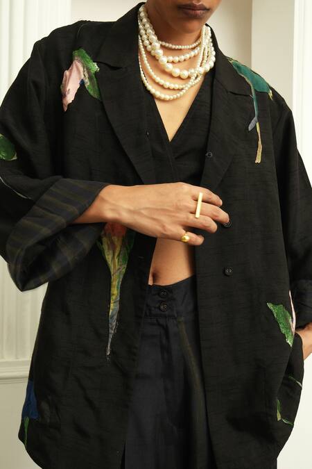 Buy_Ofrida_Multi Color Jacket Raw Silk Hand Applique Botanical Lapel Psyflora With Pant _Online_at_Aza_Fashions