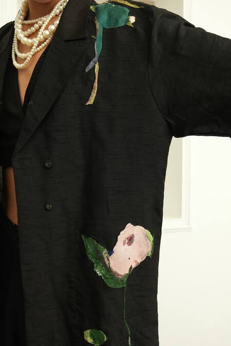 Shop_Ofrida_Multi Color Jacket Raw Silk Hand Applique Botanical Lapel Psyflora With Pant _Online_at_Aza_Fashions