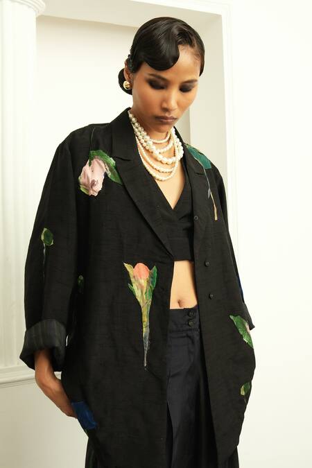 Ofrida_Multi Color Jacket Raw Silk Hand Applique Botanical Lapel Psyflora With Pant _at_Aza_Fashions