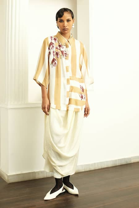 OFRIDA Beige Shirt Cotton Silk Blend Stripe Rose Mangol Applique With Draped Skirt 