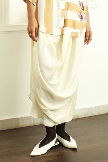 OFRIDA_Beige Cotton, Silk Applique Collared Mangol Rose Shirt With Draped Skirt_Online_at_Aza_Fashions