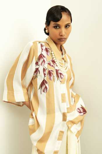 Buy_OFRIDA_Beige Cotton, Silk Applique Collared Mangol Rose Shirt With Draped Skirt_Online_at_Aza_Fashions