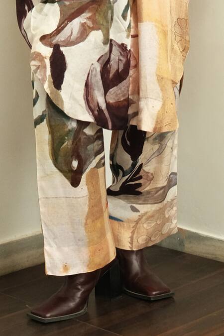 OFRIDA_Multi Color Cotton, Silk V-neck Ambiflora Hand Painted Draped Kurta With Pant_Online_at_Aza_Fashions