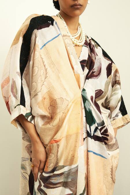 Shop_OFRIDA_Multi Color Cotton, Silk V-neck Ambiflora Hand Painted Draped Kurta With Pant_Online_at_Aza_Fashions