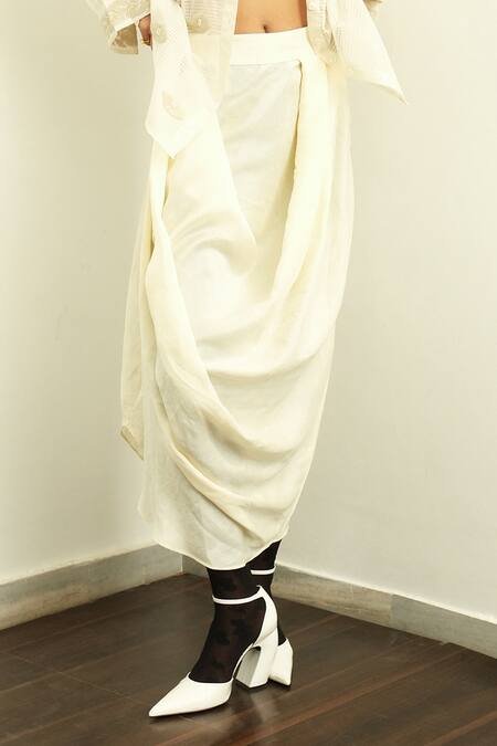 OFRIDA_Beige Silk Embroidery Collared Alchemy Eye Motif Shirt With Skirt_Online_at_Aza_Fashions