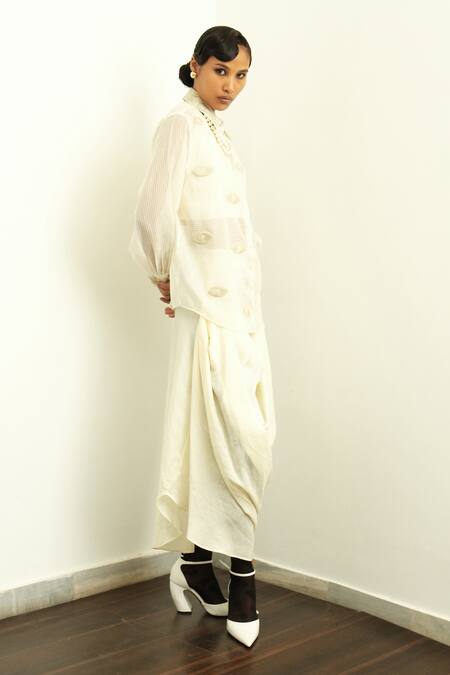 Buy_OFRIDA_Beige Silk Embroidery Collared Alchemy Eye Motif Shirt With Skirt_Online_at_Aza_Fashions