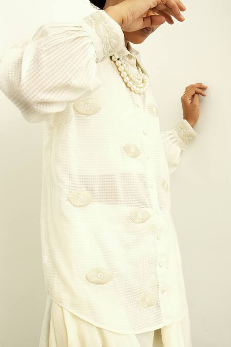 Shop_OFRIDA_Beige Silk Embroidery Collared Alchemy Eye Motif Shirt With Skirt_Online_at_Aza_Fashions