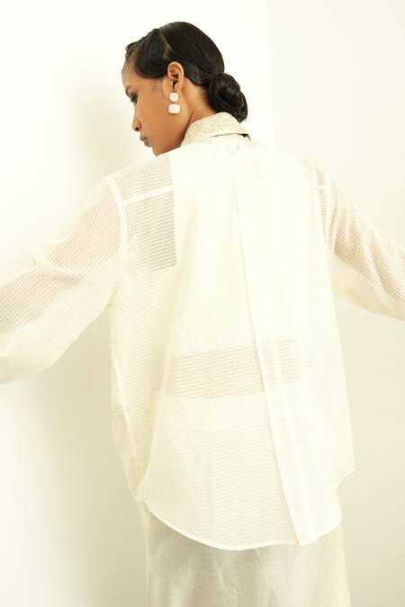 OFRIDA_Beige Silk Embroidery Collared Alchemy Eye Motif Shirt With Skirt_at_Aza_Fashions