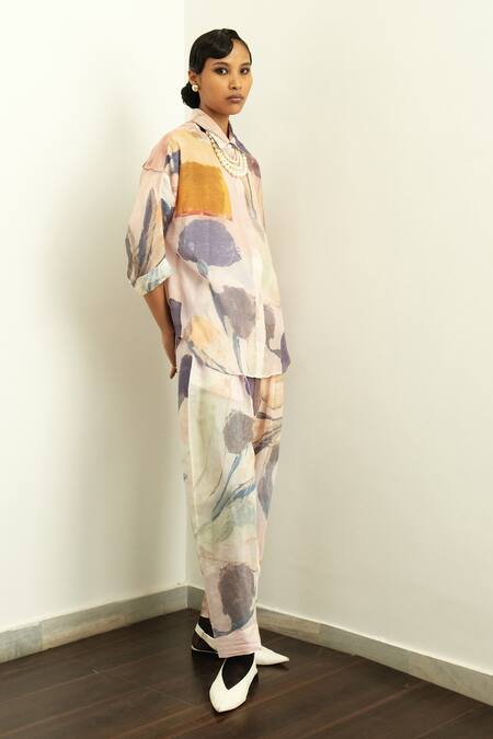 Shop OFRIDA Multi Color Muslin, Silk Nargis Abstract Expressionist Print Shirt With Pant Online at Aza Fashions Shop_OFRIDA_Multi Color Muslin, Silk Nargis Abstract Expressionist Print Shirt With Pant_Online_at_Aza_Fashions