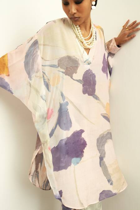 Shop OFRIDA Multi Color Muslin, Silk Nargis Abstract Expressionist Print Kurta With Pant Online at Aza Fashions Shop_OFRIDA_Multi Color Muslin, Silk Nargis Abstract Expressionist Print Kurta With Pant _Online_at_Aza_Fashions