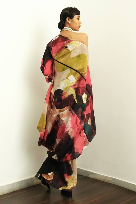 Shop OFRIDA Multi Color Muslin, Silk Off-shoulder Bloom Hot Hand Painted Tunic With Pant at Aza Fashions Shop_OFRIDA_Multi Color Muslin, Silk Off-shoulder Bloom Hot Hand Painted Tunic With Pant_at_Aza_Fashions