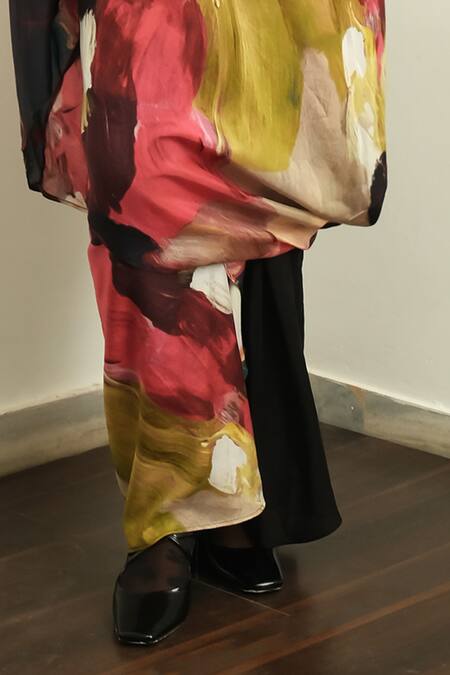 OFRIDA Multi Color Muslin, Silk Off-shoulder Bloom Hot Hand Painted Tunic With Pant Online at Aza Fashions OFRIDA_Multi Color Muslin, Silk Off-shoulder Bloom Hot Hand Painted Tunic With Pant_Online_at_Aza_Fashions
