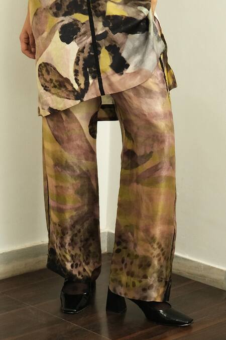 Buy_OFRIDA_Multi Color Gabardine, Gingham Round Tropizeylo Hand Painted Kaftan With Pant_Online_at_Aza_Fashions