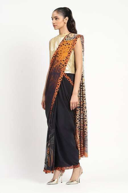 Buy Satya Paul Black Silk, Crepe Safari Sol Printed Saree With Unstitched Blouse Piece Online at Aza Fashions Buy_Satya Paul_Black Silk, Crepe Safari Sol Printed Saree With Unstitched Blouse Piece _Online_at_Aza_Fashions
