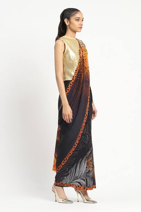 Shop Satya Paul Black Silk, Crepe Safari Sol Printed Saree With Unstitched Blouse Piece Online at Aza Fashions Shop_Satya Paul_Black Silk, Crepe Safari Sol Printed Saree With Unstitched Blouse Piece _Online_at_Aza_Fashions