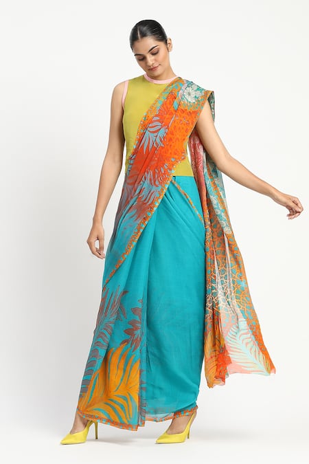 Satya Paul Sunny Sangria Printed Saree With Unstitched Blouse Piece 