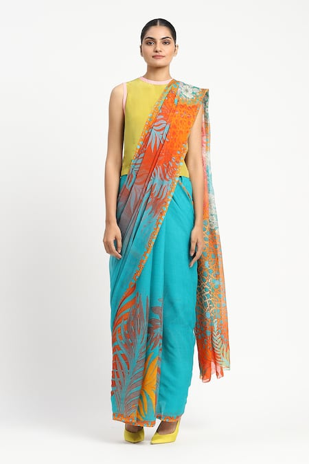 Satya Paul_Blue Silk, Chiffon Sunny Sangria Printed Saree With Unstitched Blouse Piece _Online_at_Aza_Fashions