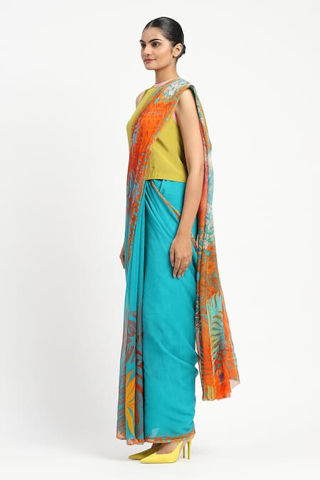 Buy_Satya Paul_Blue Silk, Chiffon Sunny Sangria Printed Saree With Unstitched Blouse Piece _Online_at_Aza_Fashions