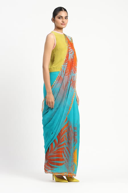 Shop_Satya Paul_Blue Silk, Chiffon Sunny Sangria Printed Saree With Unstitched Blouse Piece _Online_at_Aza_Fashions