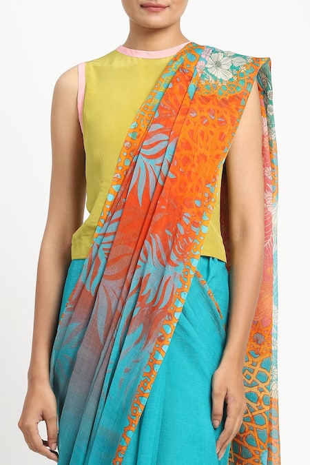 Buy_Satya Paul_Blue Silk, Chiffon Sunny Sangria Printed Saree With Unstitched Blouse Piece 