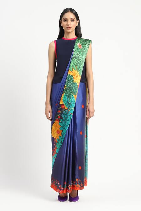 Satya Paul Blue Silk, Georgette, Garden Graffiti Printed Saree With Unstitched Blouse Piece Online at Aza Fashions Satya Paul_Blue Silk, Georgette, Garden Graffiti Printed Saree With Unstitched Blouse Piece _Online_at_Aza_Fashions
