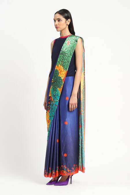 Buy Satya Paul Blue Silk, Georgette, Garden Graffiti Printed Saree With Unstitched Blouse Piece Online at Aza Fashions Buy_Satya Paul_Blue Silk, Georgette, Garden Graffiti Printed Saree With Unstitched Blouse Piece _Online_at_Aza_Fashions