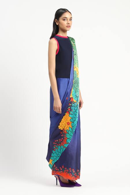 Shop Satya Paul Blue Silk, Georgette, Garden Graffiti Printed Saree With Unstitched Blouse Piece Online at Aza Fashions Shop_Satya Paul_Blue Silk, Georgette, Garden Graffiti Printed Saree With Unstitched Blouse Piece _Online_at_Aza_Fashions