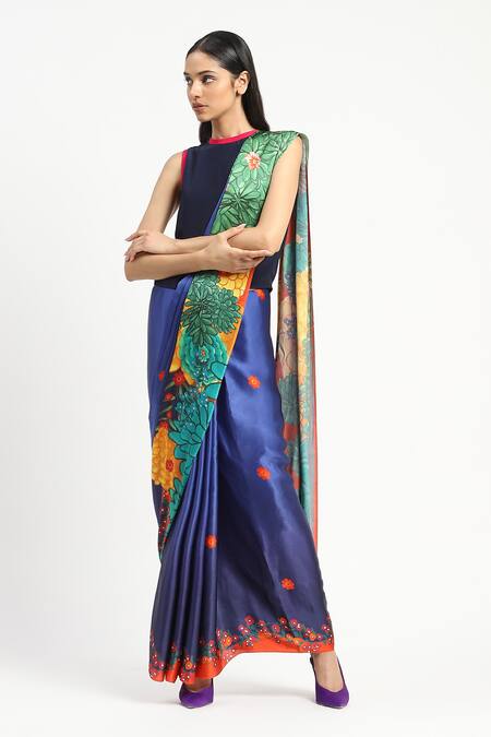 Satya Paul Blue Silk, Georgette, Garden Graffiti Printed Saree With Unstitched Blouse Piece at Aza Fashions Satya Paul_Blue Silk, Georgette, Garden Graffiti Printed Saree With Unstitched Blouse Piece _at_Aza_Fashions