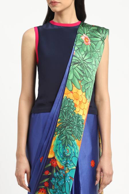 Buy Satya Paul Blue Silk, Georgette, Garden Graffiti Printed Saree With Unstitched Blouse Piece Buy_Satya Paul_Blue Silk, Georgette, Garden Graffiti Printed Saree With Unstitched Blouse Piece