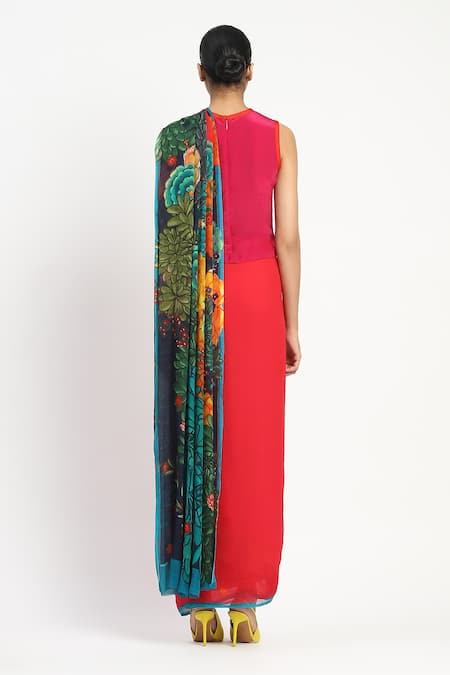 Shop Satya Paul Pink Silk, Chiffon Garden Graffiti Print Saree With Unstitched Blouse Piece at Aza Fashions Shop_Satya Paul_Pink Silk, Chiffon Garden Graffiti Print Saree With Unstitched Blouse Piece _at_Aza_Fashions