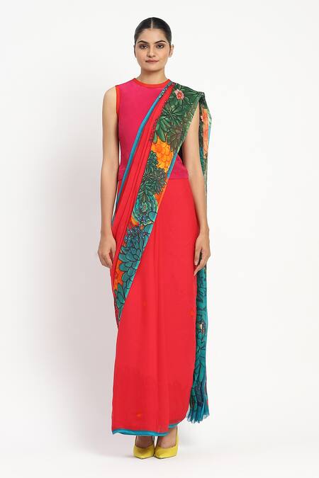 Satya Paul Pink Silk, Chiffon Garden Graffiti Print Saree With Unstitched Blouse Piece Online at Aza Fashions Satya Paul_Pink Silk, Chiffon Garden Graffiti Print Saree With Unstitched Blouse Piece _Online_at_Aza_Fashions