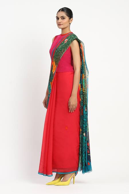 Buy Satya Paul Pink Silk, Chiffon Garden Graffiti Print Saree With Unstitched Blouse Piece Online at Aza Fashions Buy_Satya Paul_Pink Silk, Chiffon Garden Graffiti Print Saree With Unstitched Blouse Piece _Online_at_Aza_Fashions