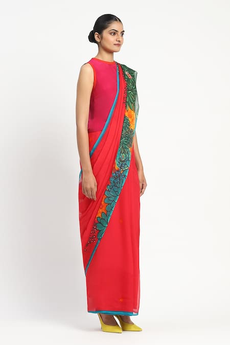 Shop Satya Paul Pink Silk, Chiffon Garden Graffiti Print Saree With Unstitched Blouse Piece Online at Aza Fashions Shop_Satya Paul_Pink Silk, Chiffon Garden Graffiti Print Saree With Unstitched Blouse Piece _Online_at_Aza_Fashions
