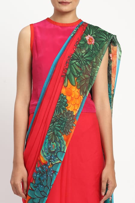 Satya Paul_Pink Silk, Chiffon Garden Graffiti Print Saree With Unstitched Blouse Piece _at_Aza_Fashions