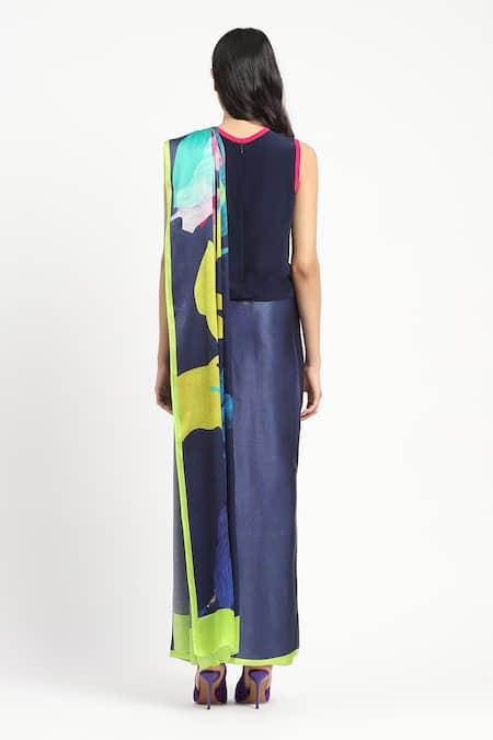 Shop_Satya Paul_Blue Silk, Georgette, Jungle Floor Printed Saree With Unstitched Blouse Piece _at_Aza_Fashions