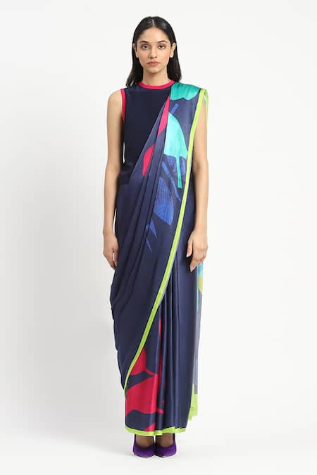Satya Paul_Blue Silk, Georgette, Jungle Floor Printed Saree With Unstitched Blouse Piece _Online_at_Aza_Fashions