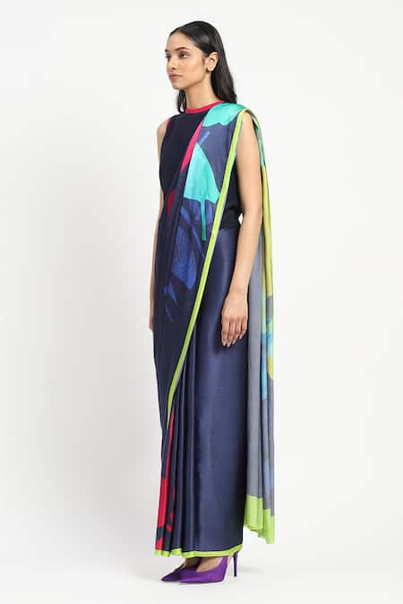 Buy_Satya Paul_Blue Silk, Georgette, Jungle Floor Printed Saree With Unstitched Blouse Piece _Online_at_Aza_Fashions