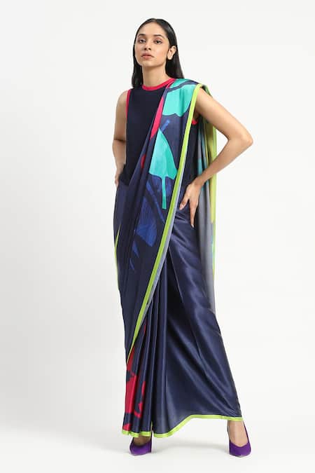 Shop_Satya Paul_Blue Silk, Georgette, Jungle Floor Printed Saree With Unstitched Blouse Piece _Online_at_Aza_Fashions