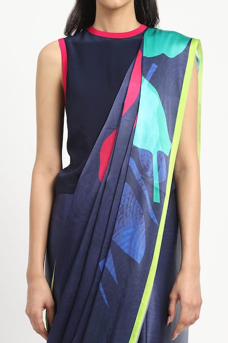 Satya Paul_Blue Silk, Georgette, Jungle Floor Printed Saree With Unstitched Blouse Piece _at_Aza_Fashions